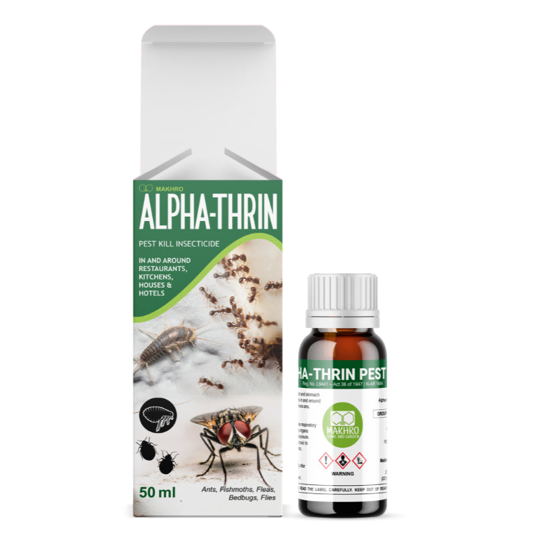 Alpha-Thrin pest control packaging and bottle on a white background