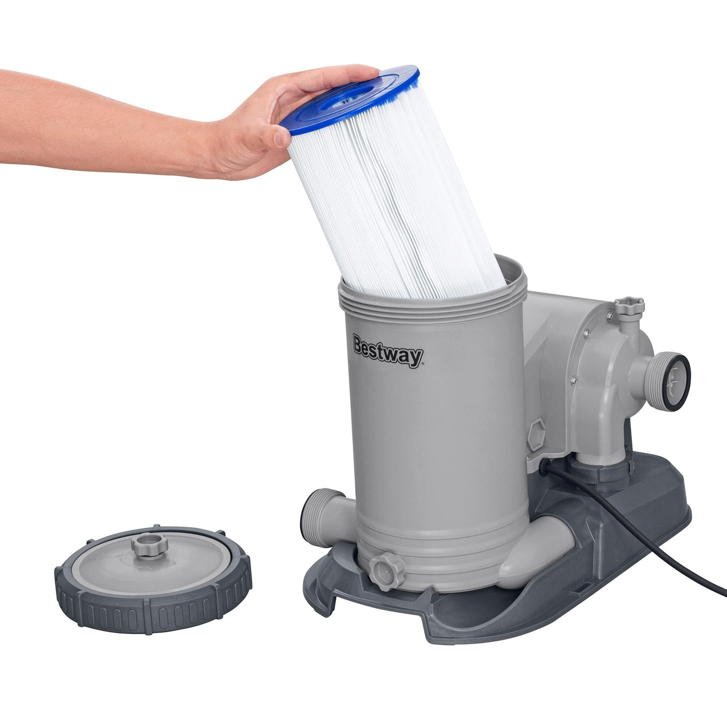 Person replacing a filter in a pool pump on a white background
