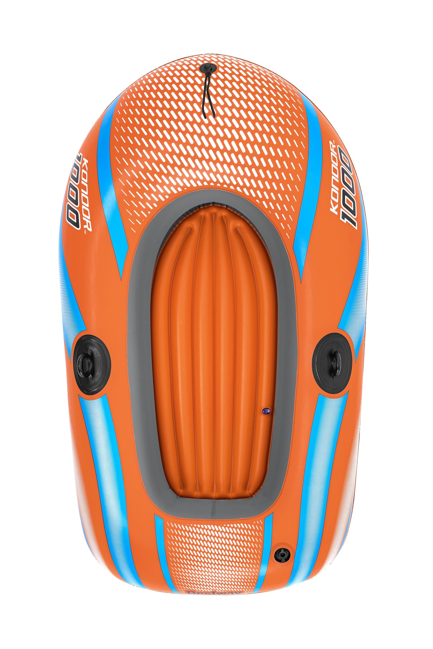 Orange inflatable raft with blue accents on a white background