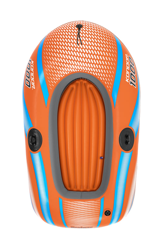 Orange inflatable raft with blue accents on a white background