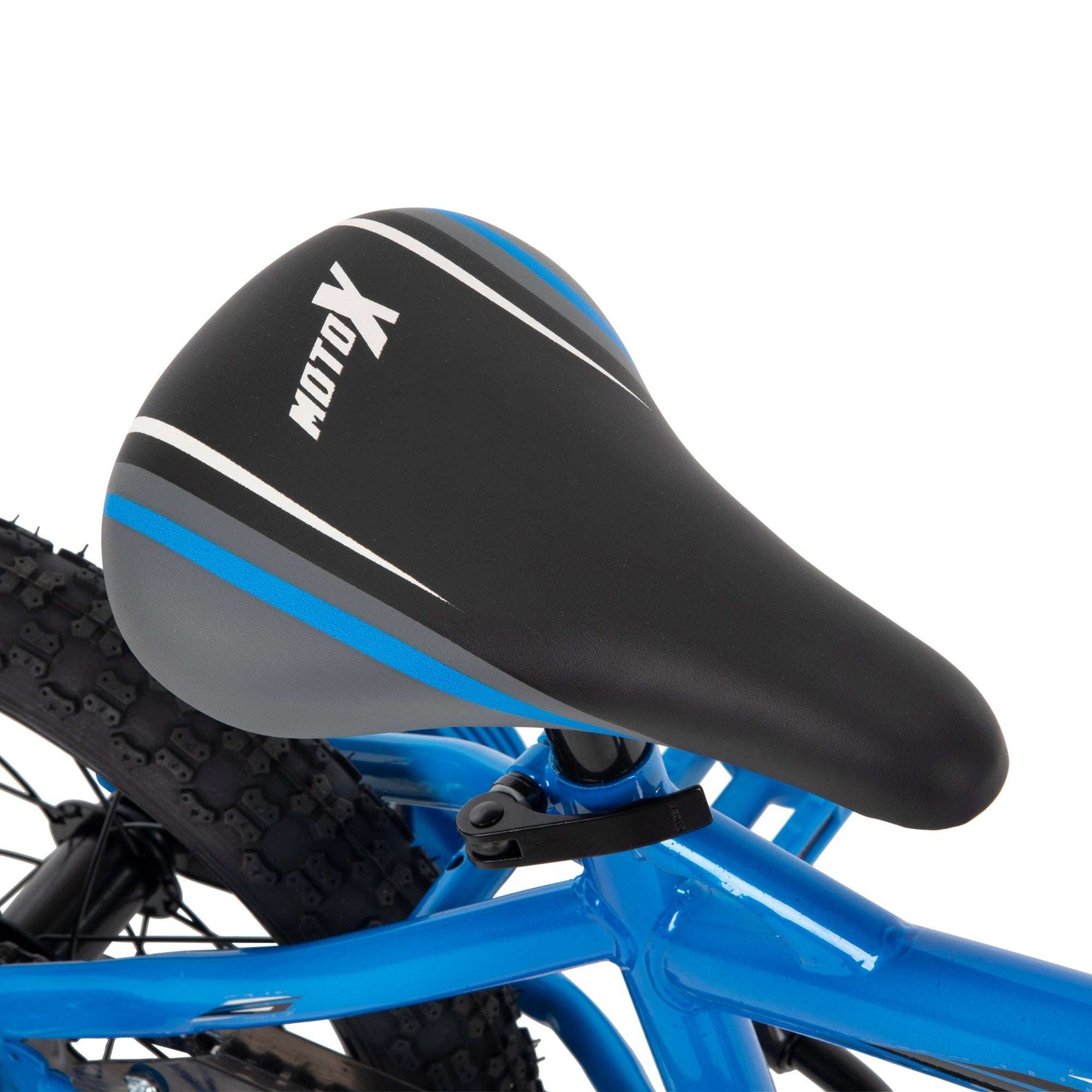 Close-up of a black bicycle seat with blue accents and 'MotoX' branding on a white background.