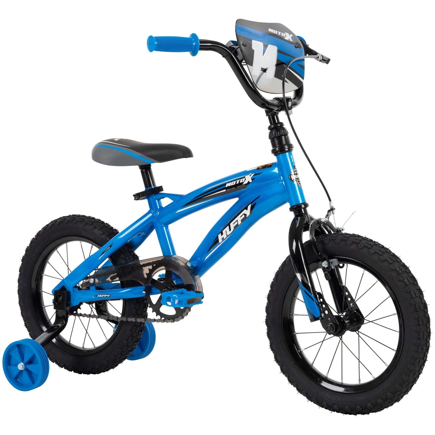 Blue children's bicycle with training wheels on a white background