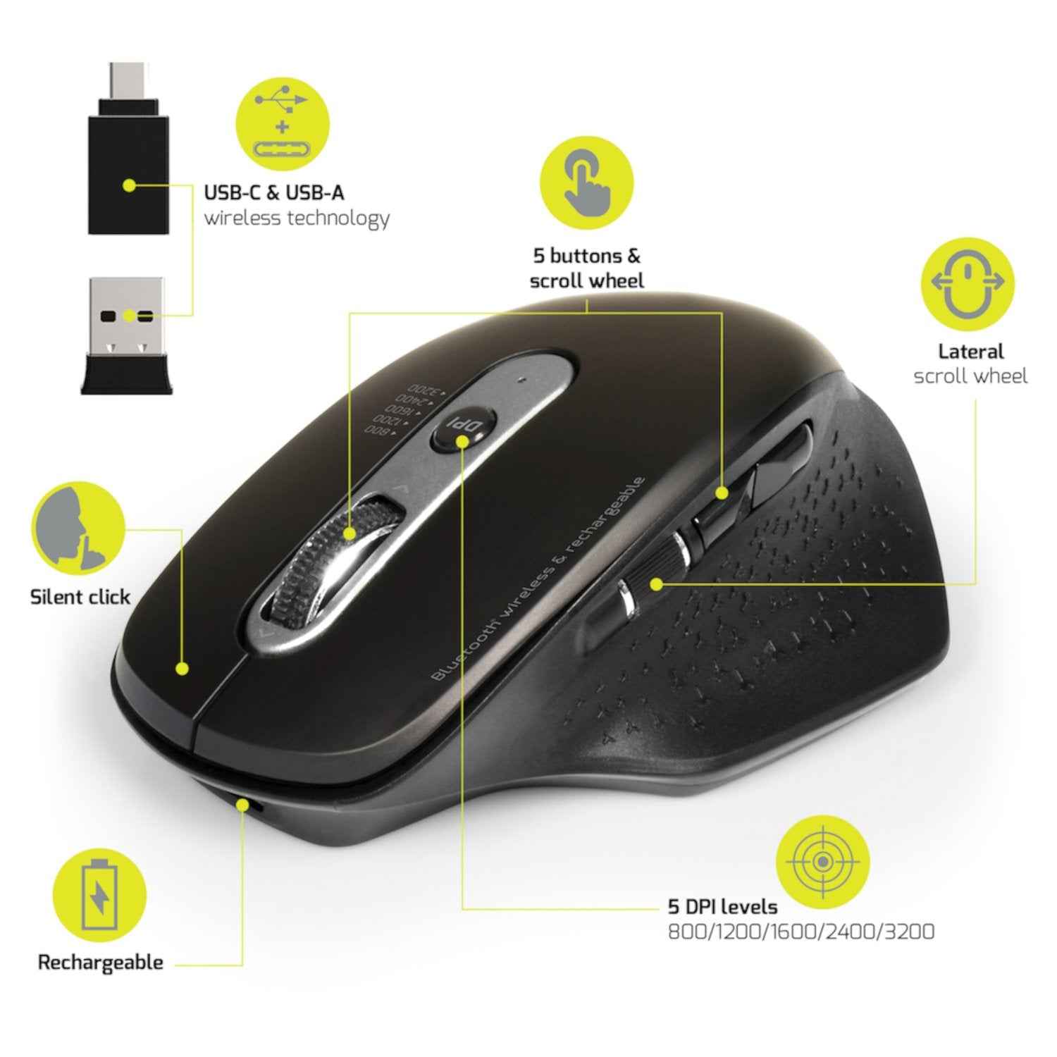 Port Connect Bluetooth Wireless and Rechargeable Executive Mouse Black