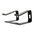 An ergonomic notebook stand with a black aluminum and silicone body, designed to hold a notebook at an ergonomic angle.