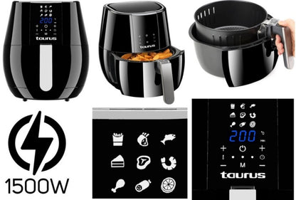 Taurus air fryer with digital display, power symbol, and icons on a black background