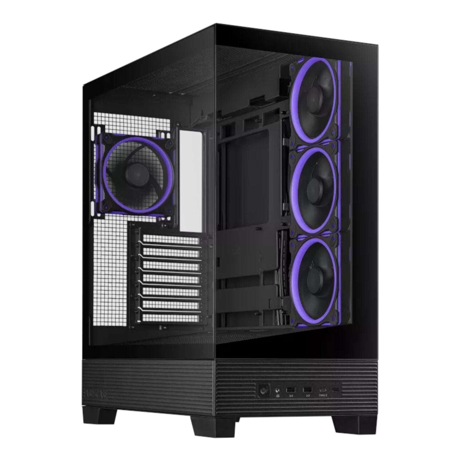 Black computer case with purple fans on a white background