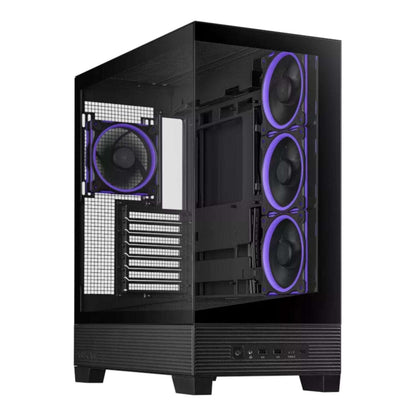 Black computer case with purple fans on a white background