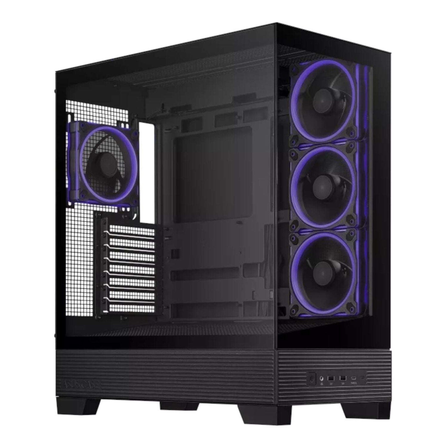Black computer case with purple fans on a white background