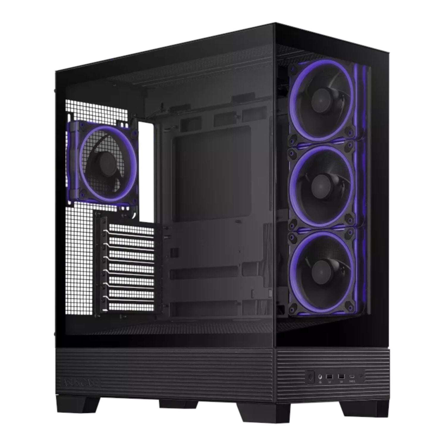 Black computer case with purple fans on a white background