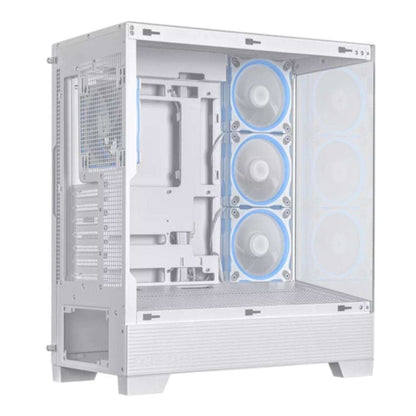 White computer case with three blue LED fans on a white background