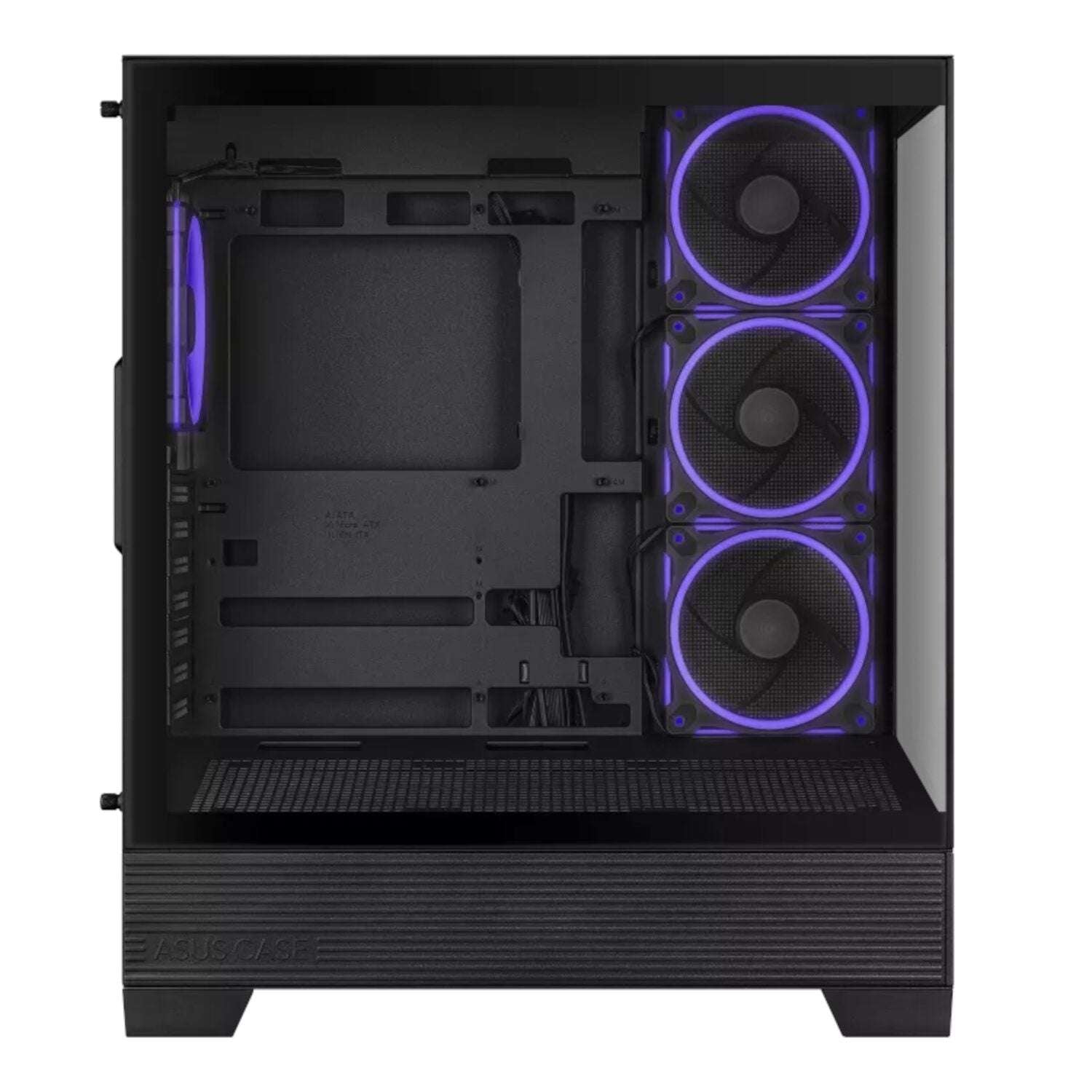 Computer case with purple LED fans on a white background