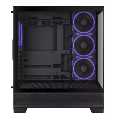Computer case with purple LED fans on a white background