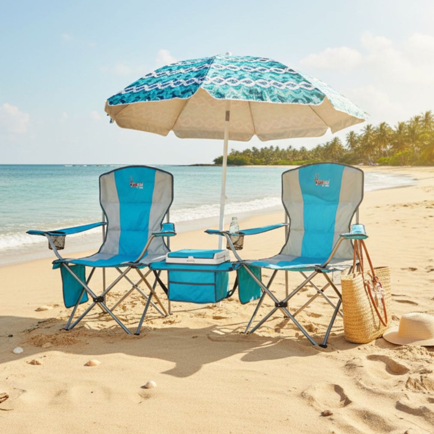 Two blue beach chairs with a matching umbrella and cooler on a sandy beach.