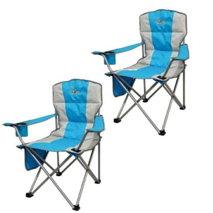 Two blue and gray folding chairs on a white background