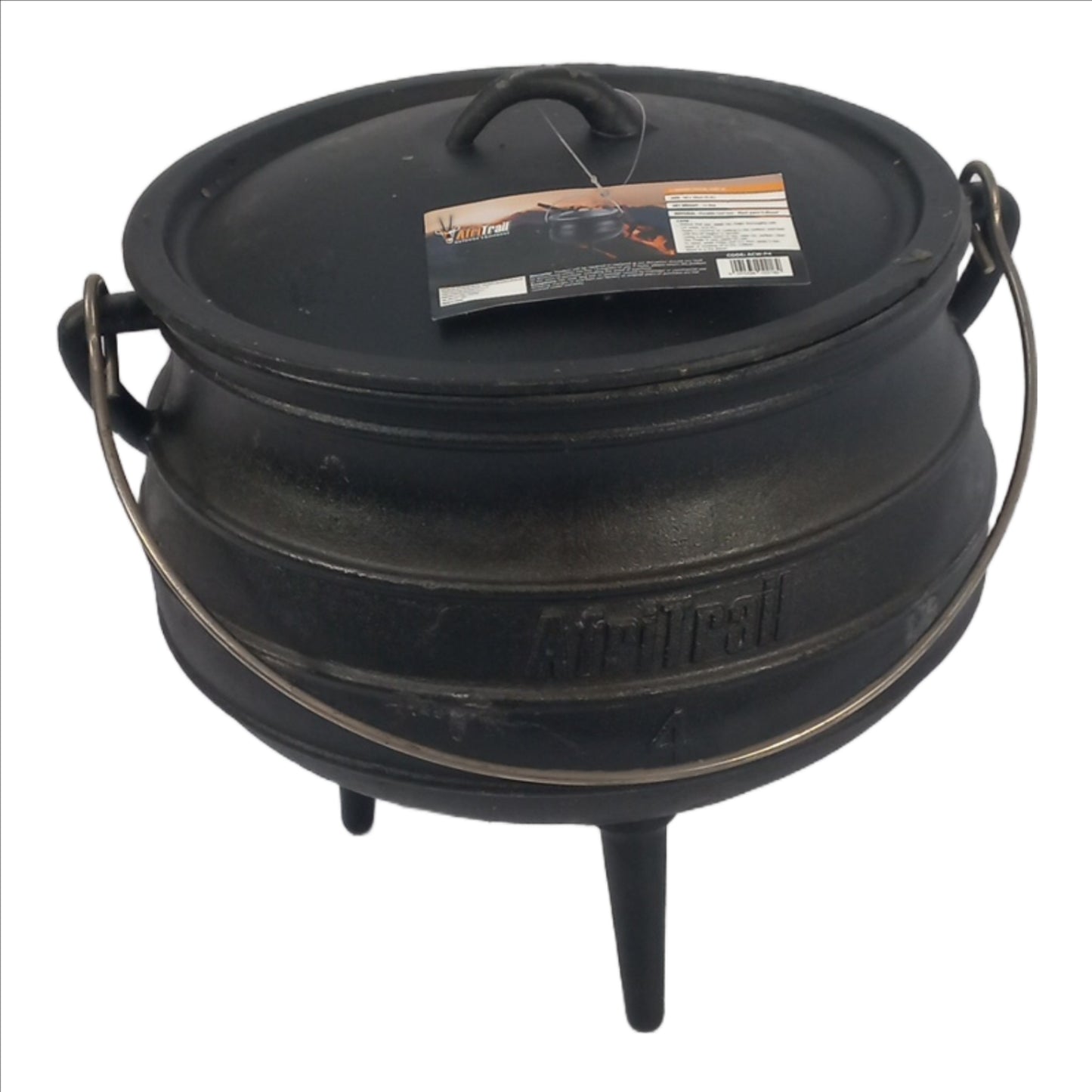 Black cast iron pot with lid on a white background