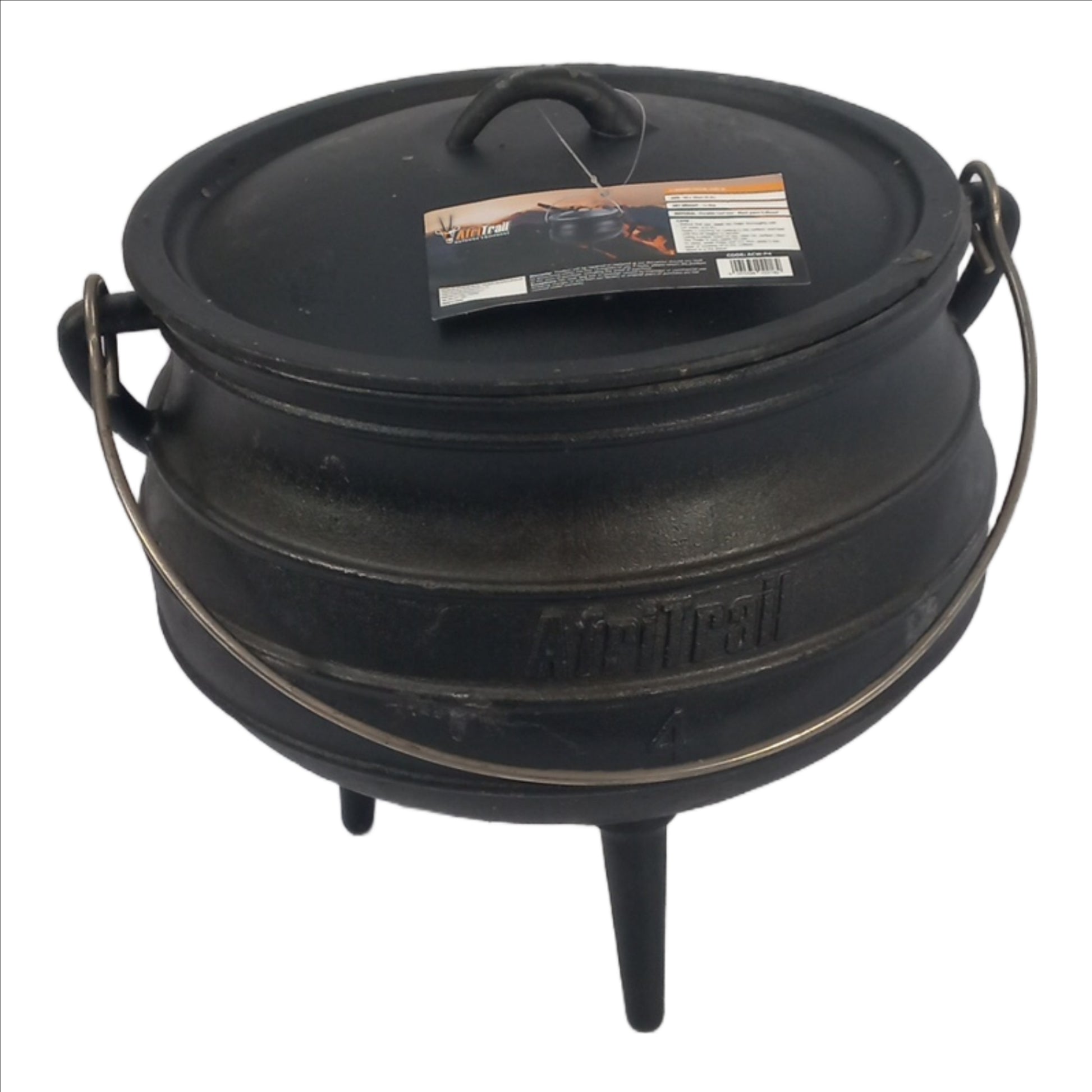 Black cast iron pot with lid on a white background
