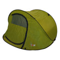 Green pop-up tent with black trim on a white background
