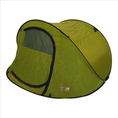 Green pop-up tent with black trim on a white background