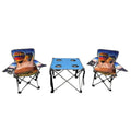A kids camping set comprising two foldable chairs and a foldable table with cup holders, all featuring a colorful balloon design.