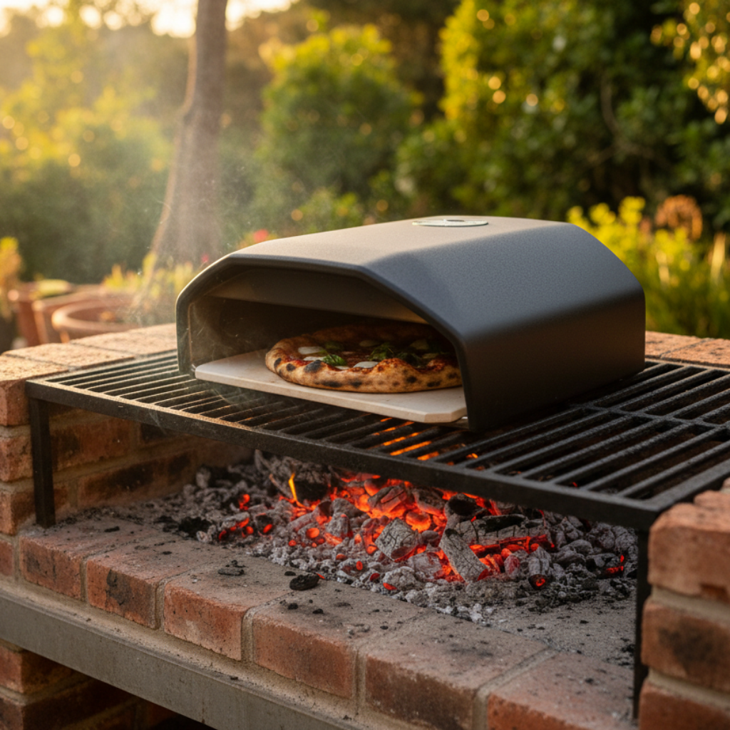 Outdoor pizza oven with a pizza cooking on a brick braai in a garden setting