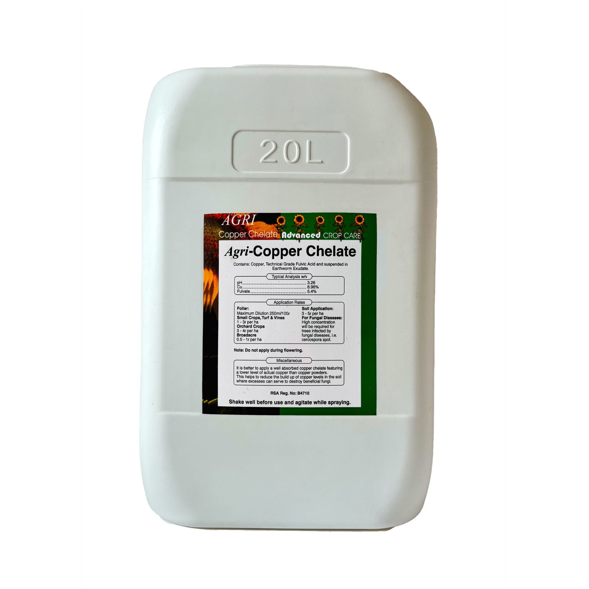 White 20L container labeled 'Agri-Copper Chelate' on a white background
