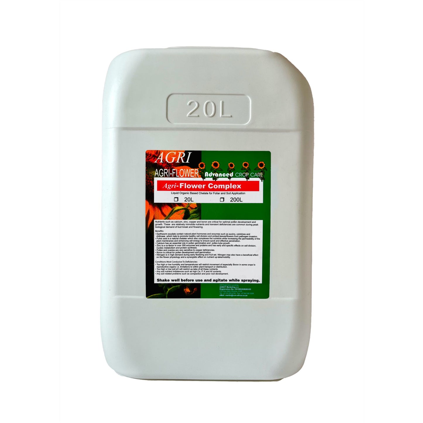 White 20L container labeled 'Agri-Flower Complex' on a white background