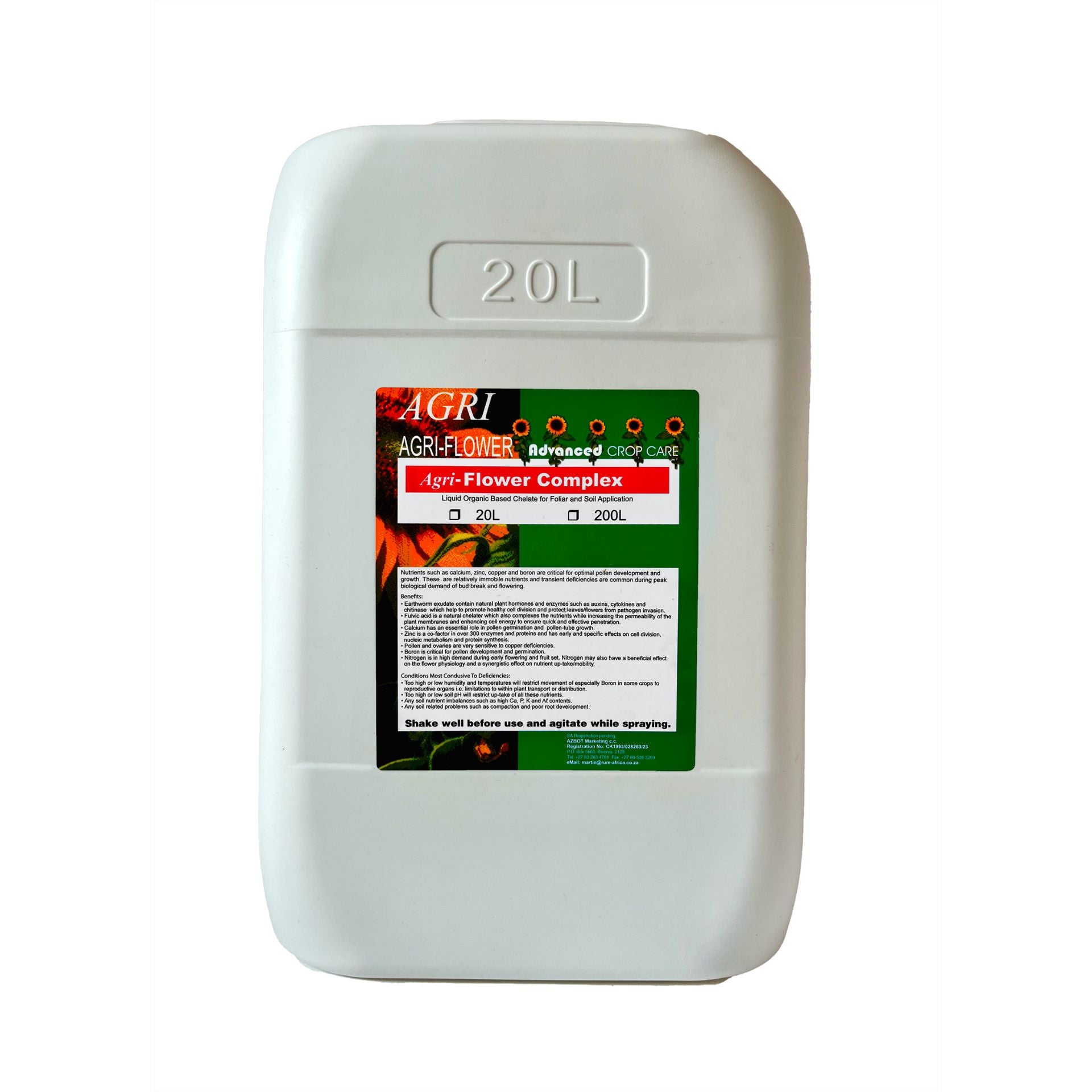 White 20L container labeled 'Agri-Flower Complex' on a white background