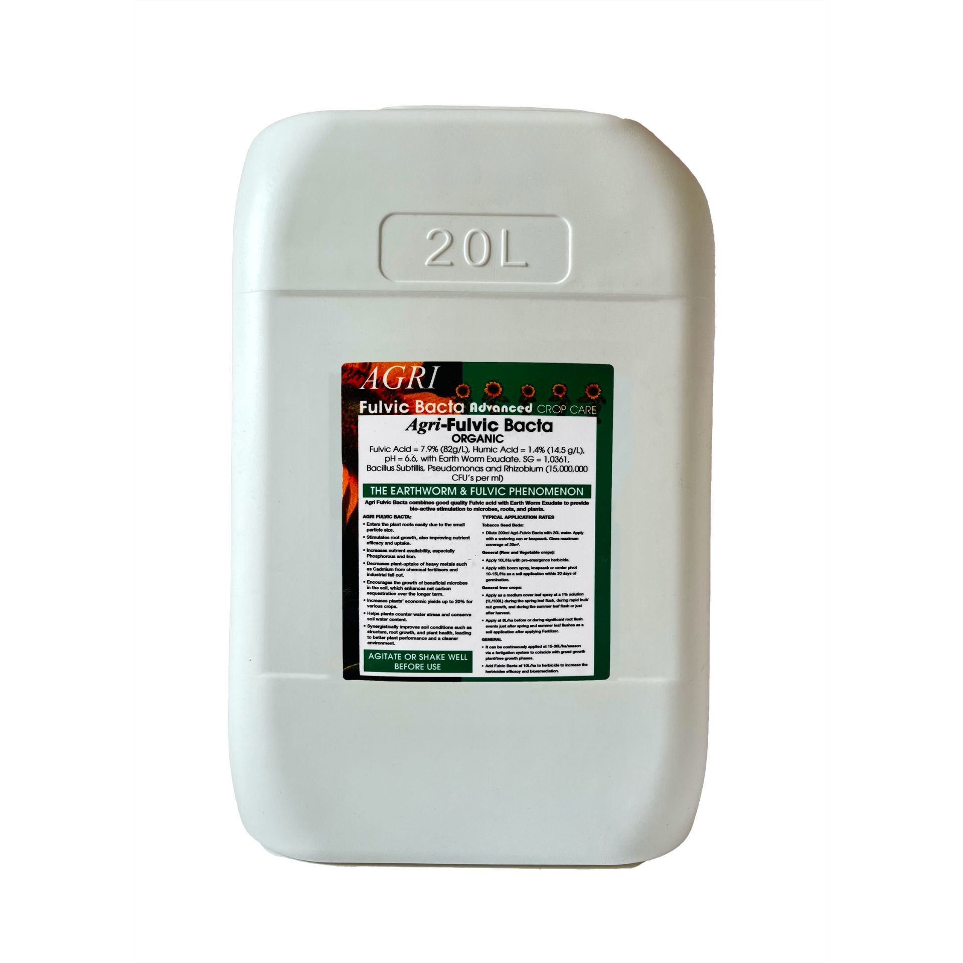 White 20L container labelled 'Agri-Fulvic Cacta' on a white background