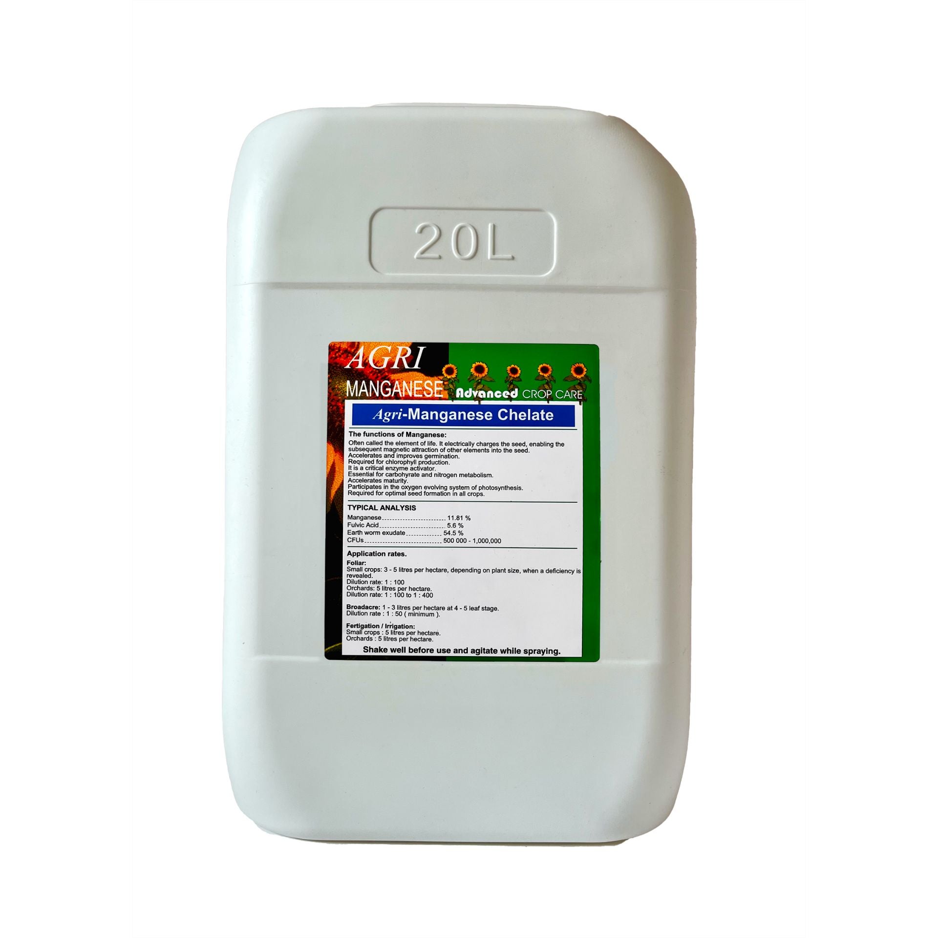 White 20L container labelled 'Agri-Manganese Chelate' on a white background