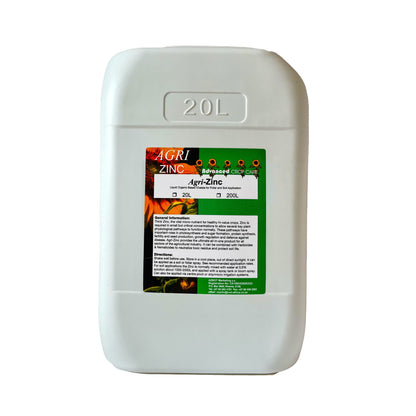 White 20L container labeled 'Agri-Zinc' with a green label on a white background