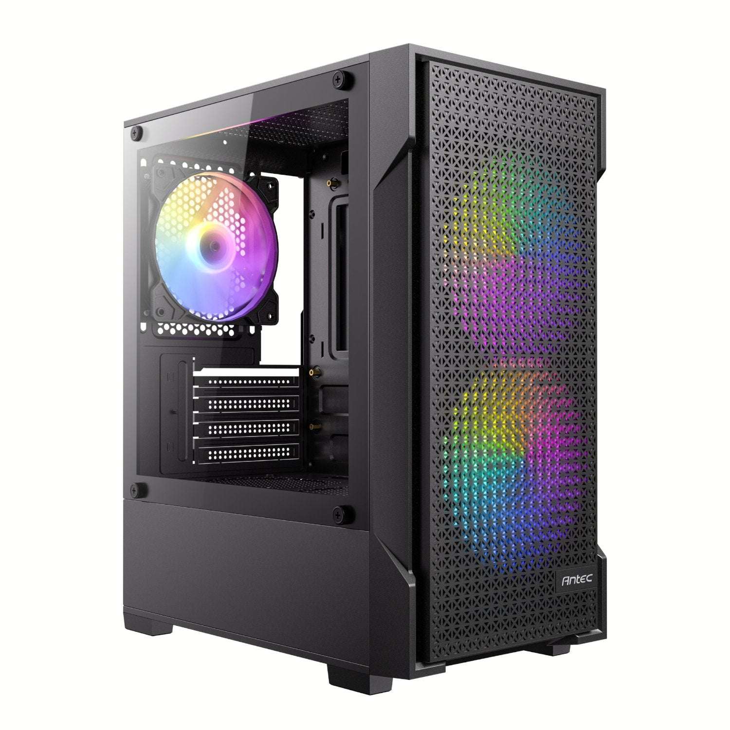 Computer case with RGB lighting on a white background