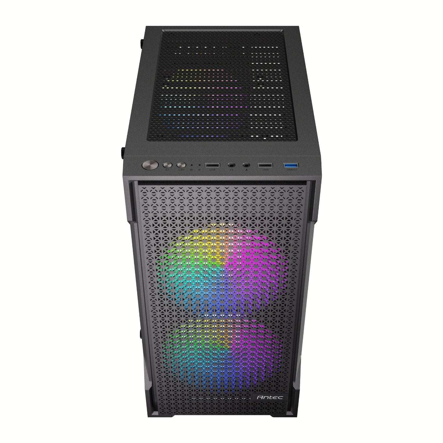 Computer case with RGB lighting on a white background