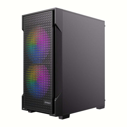 Black computer case with RGB lighting on a white background