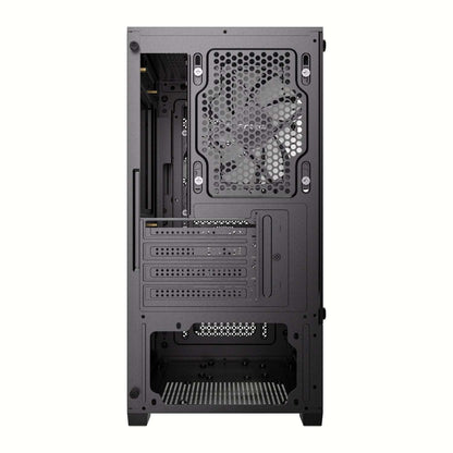 Black computer case with honeycomb design on a white background