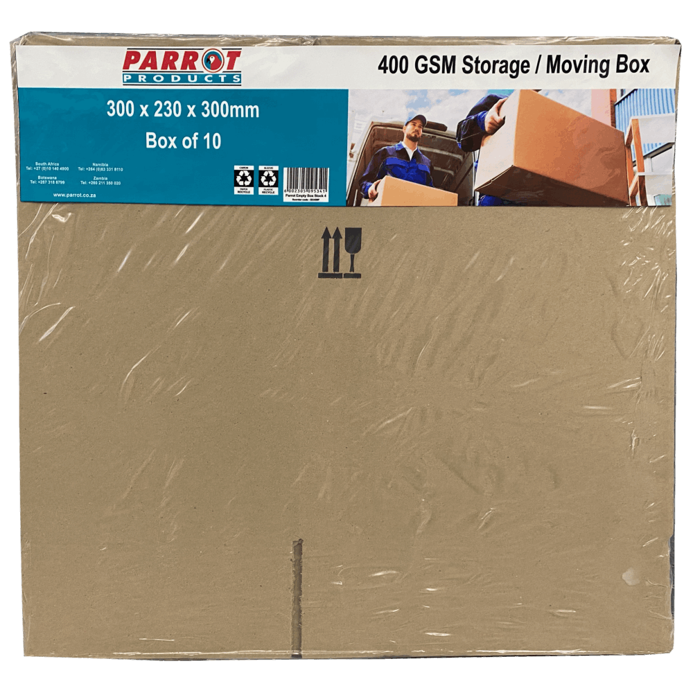 Cardboard storage box with Parrot Products branding and dimensions on a white background