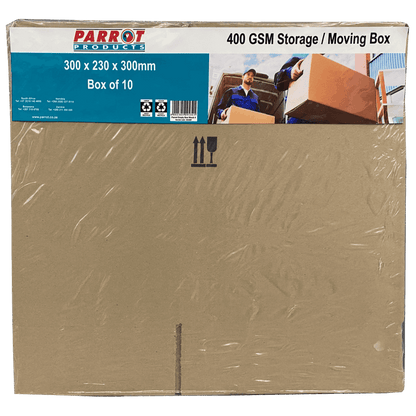 Cardboard storage box with Parrot Products branding and dimensions on a white background