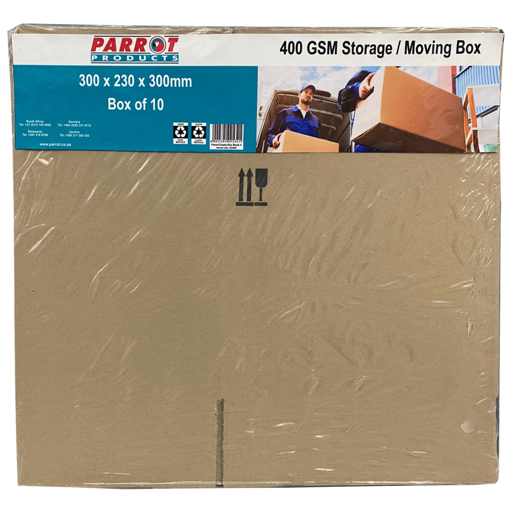 Cardboard storage box with Parrot Products branding and dimensions on a white background