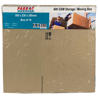 Cardboard storage box with Parrot Products branding and dimensions on a white background