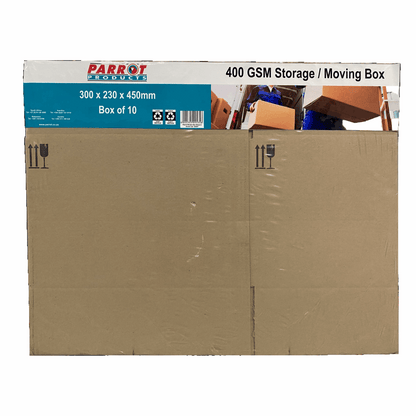 Cardboard storage box with Parrot Products branding on a white background