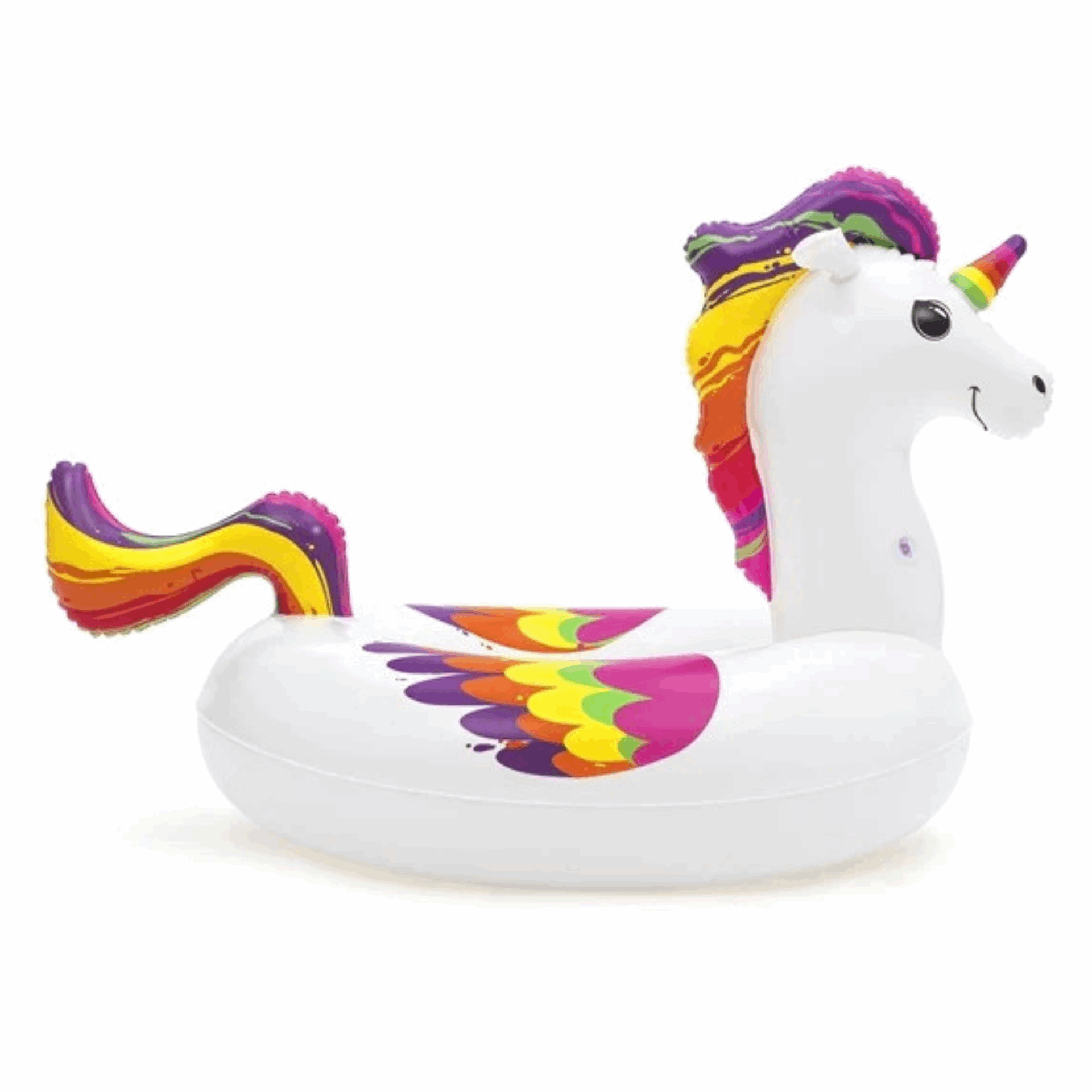 Inflatable unicorn pool float with colorful design on a white background