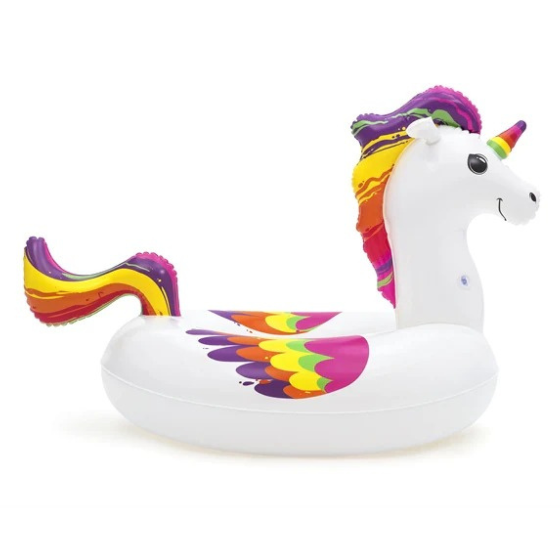 Inflatable unicorn pool float with colorful design on a white background