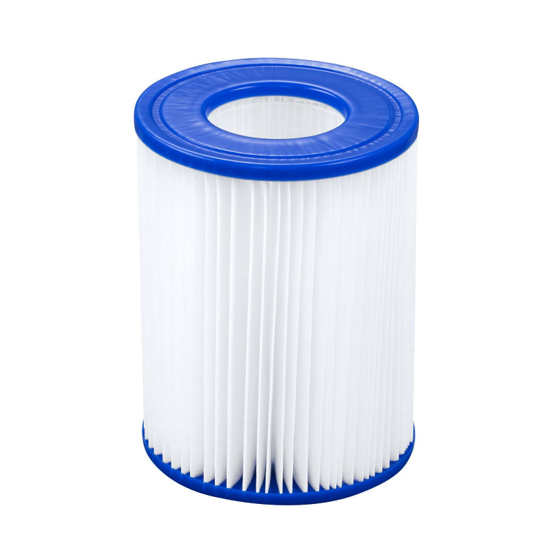White cylindrical filter with blue top and bottom on a white background