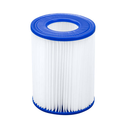 White cylindrical filter with blue top and bottom on a white background