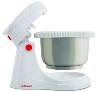 White kitchen mixer with a silver bowl on a white background