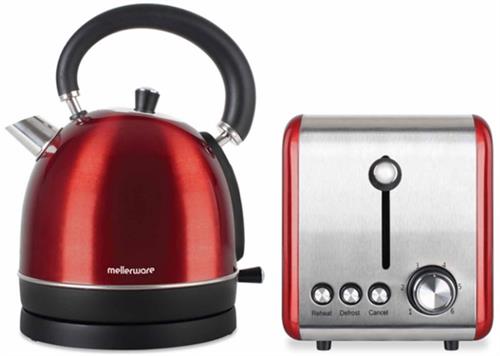 Red kettle and toaster on a white background