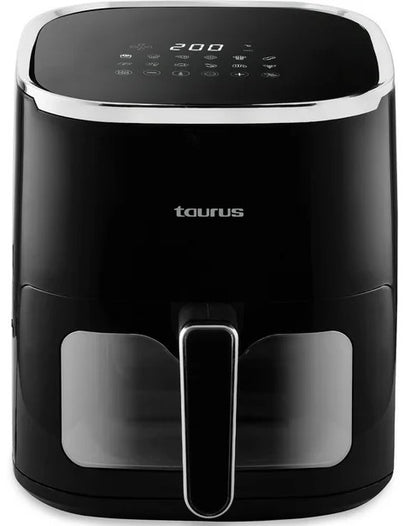 Black air fryer with digital display on a white background