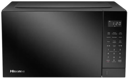 Black microwave oven with digital display and control panel on a white background