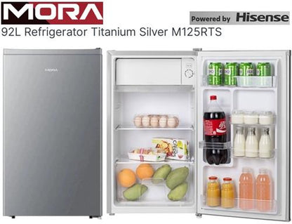 MORA 92L refrigerator with open door showing contents, branded as Hisense.