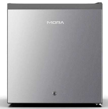 Silver refrigerator with 'MORA' branding on a white background