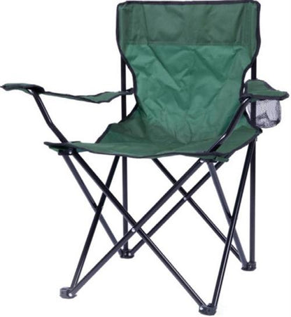 Green folding chair with armrest and cup holder on a white background